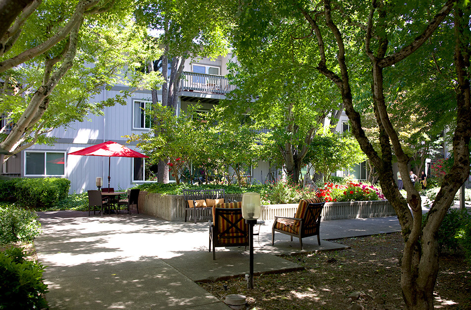 Shaded garden patio with tables, chairs, and surrounding greenery.